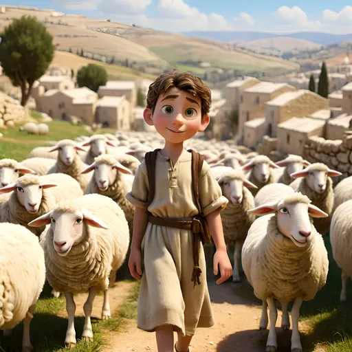 Prompt: "Create a heartwarming 8K 3D image Pixar movie style ,portraying an Israeli kid David the shepherd in the picturesque hills of Bethlehem ,long hair style ,holding a sling ,wear dress and slippers, a flock of sheep, holding a sling no shoes on ,Pay attention to realistic lighting, details of the pastoral landscape, and the authenticity of the shepherd's attire , highlighting the innocence and beauty of a young shepherd's life in Israel."