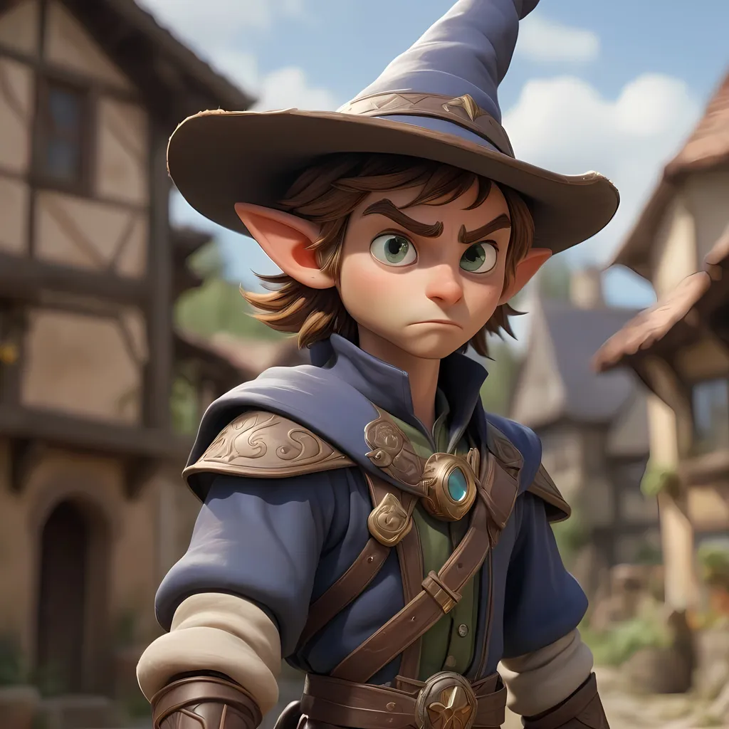 Prompt: whimsical, Magical aura, energy surrounding him, Full body shot, 3rd person, airborne, floating, off ground, rustic wizard hat, mage staff, staff weapon, Powerful male, wizard, elf male mage, strong, stern, mage pose, protagonist, floating above village, looking down, intense glare, 8k, unreal engine, ornate leather armor, ornate detail, brown hair, green eyes, dim eyes, blue clothing 