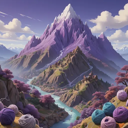 Prompt: Purple, splash screen, wallpaper, yarn, yarn stitches, 8k, fantasy, knitting, studio Ghibli, mountain made of yarn, landscape, yarn mountains, yarn river, mountains made from yarn