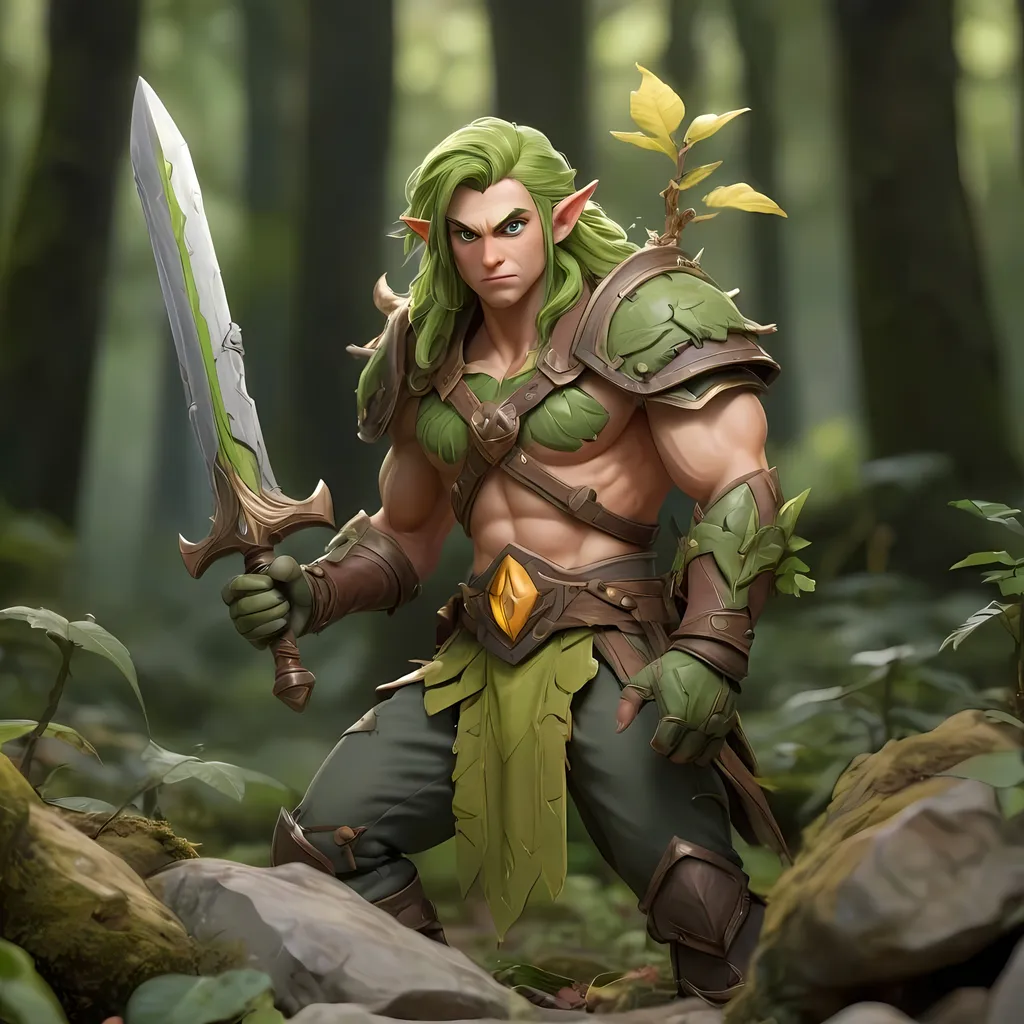 Prompt: Muscle build, tank, half-breed elf-treant Forest Guardian, stone weaponry, Nature's Shield, Earthen Armor, Life Absorption, Forest Guardian ability, stone slab shield with runes, moss, cobblestone hammer with runes, moss, petrified wood armor, moss, vines, overcoming half-breed challenges, battling forest beasts, training with treants. Sure thing, Large strength build, Tank build, Stone weapon, cobblestone shield, Earth and plant magic, stone shield and sword, 8k, unreal engine, Shader, Volumetric perfect anatomy, stone weapon, stone shield, forest, moss, perfect eyes, lighting, 3rd person camera, Elvish, Elezen, male, plant tank, 4k, subtle face, kind, caring, gorgeous, shining, plant armor, holy, ornate detail, green plant armor, stunning, full body pose, tank pose, sword and shield, bright treant, green eyes, plant eyes, green hair, plant hair, rugged forest armor, venom armor, green detail, in a forest range, old oak, holding sword and shield, cobblestone, battle stance, full body cam, splash screen, cover art, god lighting, long hair, pure, hero, protagonist, DND, elf, ornate cloth, battle-ready, trees in background, gloves on, gauntlets, yellow runes on armor, plant covered facial hair, glowing yellow crystals in gauntlets, magical aura, distant forest elf city. Large stance, strong build 