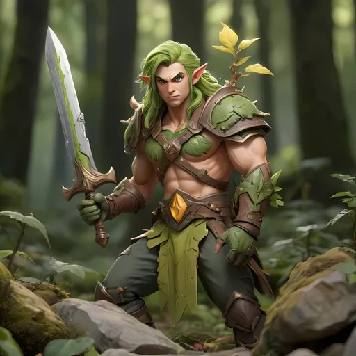 Prompt: Muscle build, tank, half-breed elf-treant Forest Guardian, stone weaponry, Nature's Shield, Earthen Armor, Life Absorption, Forest Guardian ability, stone slab shield with runes, moss, cobblestone hammer with runes, moss, petrified wood armor, moss, vines, overcoming half-breed challenges, battling forest beasts, training with treants. Sure thing, Large strength build, Tank build, Stone weapon, cobblestone shield, Earth and plant magic, stone shield and sword, 8k, unreal engine, Shader, Volumetric perfect anatomy, stone weapon, stone shield, forest, moss, perfect eyes, lighting, 3rd person camera, Elvish, Elezen, male, plant tank, 4k, subtle face, kind, caring, gorgeous, shining, plant armor, holy, ornate detail, green plant armor, stunning, full body pose, tank pose, sword and shield, bright treant, green eyes, plant eyes, green hair, plant hair, rugged forest armor, venom armor, green detail, in a forest range, old oak, holding sword and shield, cobblestone, battle stance, full body cam, splash screen, cover art, god lighting, long hair, pure, hero, protagonist, DND, elf, ornate cloth, battle-ready, trees in background, gloves on, gauntlets, yellow runes on armor, plant covered facial hair, glowing yellow crystals in gauntlets, magical aura, distant forest elf city. Large stance, strong build 