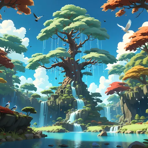 Prompt: Large biome, forest, magical lands, large tree, waterfall, crystal clear lakes, vibrant trees, landscape, birds in the sky, blue sky, smooth clouds, 4k, unreal engine, studio Ghibli, splash screen, ornate detail, wallpaper