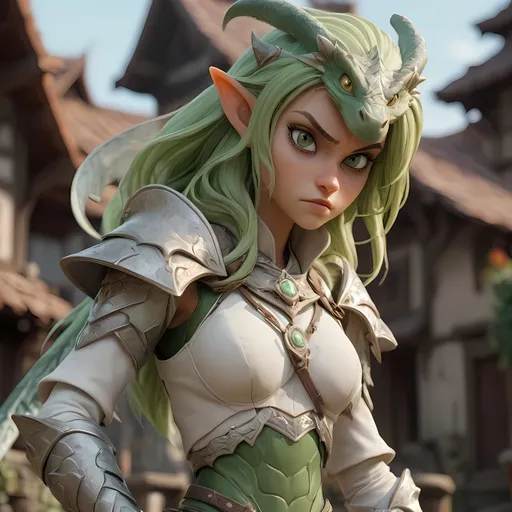 Prompt: Powerful female dragon, sorceress, elf female dragoon, strong, stern, lizard pose, protagonist, floating village, looking down, intense glare, 8k, unreal engine, ornate armor, white scales, green eyes,