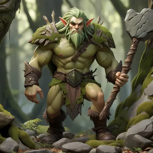 Prompt: half-breed elf-treant Forest Guardian, stone weaponry, Nature's Shield, Earthen Armor, Life Absorption, Forest Guardian ability, stone slab shield with runes, moss, cobblestone hammer with runes, moss, petrified wood armor, moss, vines, overcoming half-breed challenges, battling forest beasts, training with treants. Sure thing, tall, tank build, muscular, elf, forest elf, moss and foliage, plant, stone shield, stone sword, long green hair with twigs, treant elf, 8k, unreal engine, perfect anatomy, tree stance, full body cam, holding sword and shield made of stone, earth, cobblestone, mossy, vegitation