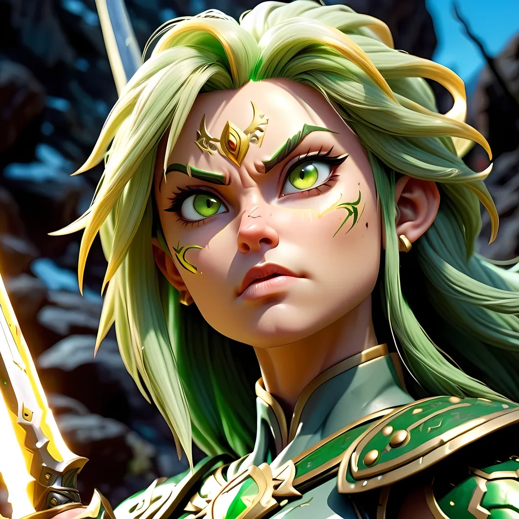 Prompt: Super Saiyan girl, power up, full form, Anime eyes, 8k, unreal engine, Shader, Volumetric lighting, 3rd person camera, Elvish, Elezen, female, warrior, serious, 4k, anime eyes, scar, goddess, gorgeous, shining, paladin, holy, ornate detail, armor, stunning, full body pose, warrior pose, sword, bright eyes, green hair, yellow pupils, black detail, in a mountain range, cliffside, holding sword, battle stance, aggressive, full body cam, splash screen, cover art, god lighting, long hair, pure, heroin, protagonist, drogan lady, scales, DND, woman, ornate armor, battleready