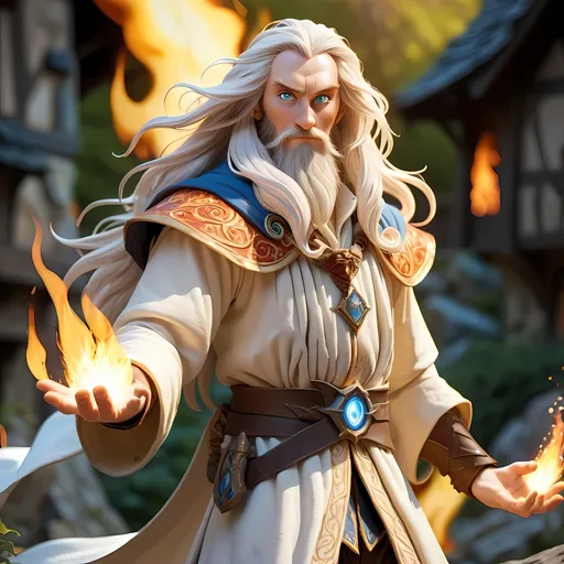 Prompt: White cloth, god rays, sun shining,Mage, wizard, elf male, fire mage, flames, long hair, long beard, ornate detail, light armor, ragged cloth, blue eyes, surrounding magic, DND, 8k, studio Ghibli, village background, full body shot, particle effects, bright eyes, friendly, white cloth, gold stitching, power, on a cliff, great detail