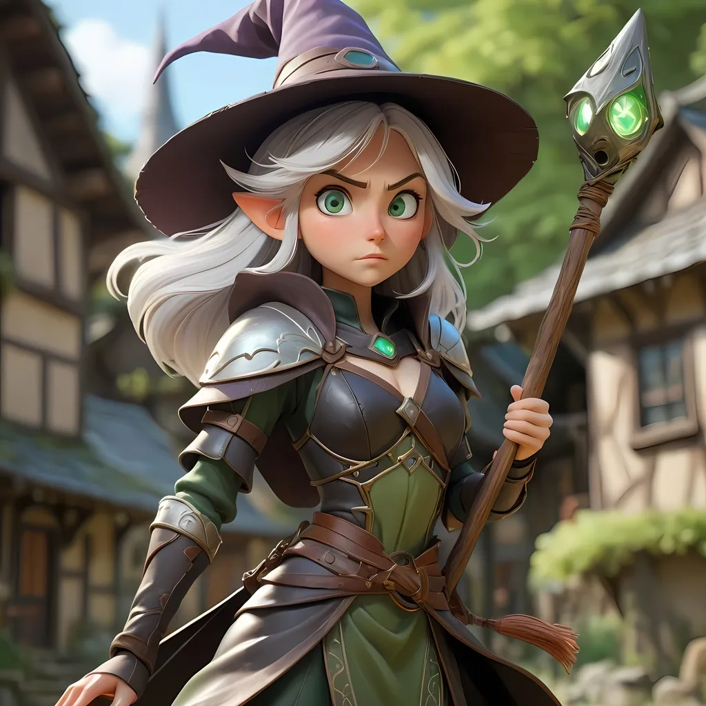 Prompt: Studio Ghibli, Magical aura, energy surrounding, Full body shot, 3rd person, in the air, floating, flying in air, off ground, rustic witch hat, magic staff, Powerful female, sorceress, elf female mage, strong, stern, mage pose, protagonist, floating above village, looking down, intense glare, 8k, unreal engine, ornate leather armor, ornate detail, white hair, green eyes