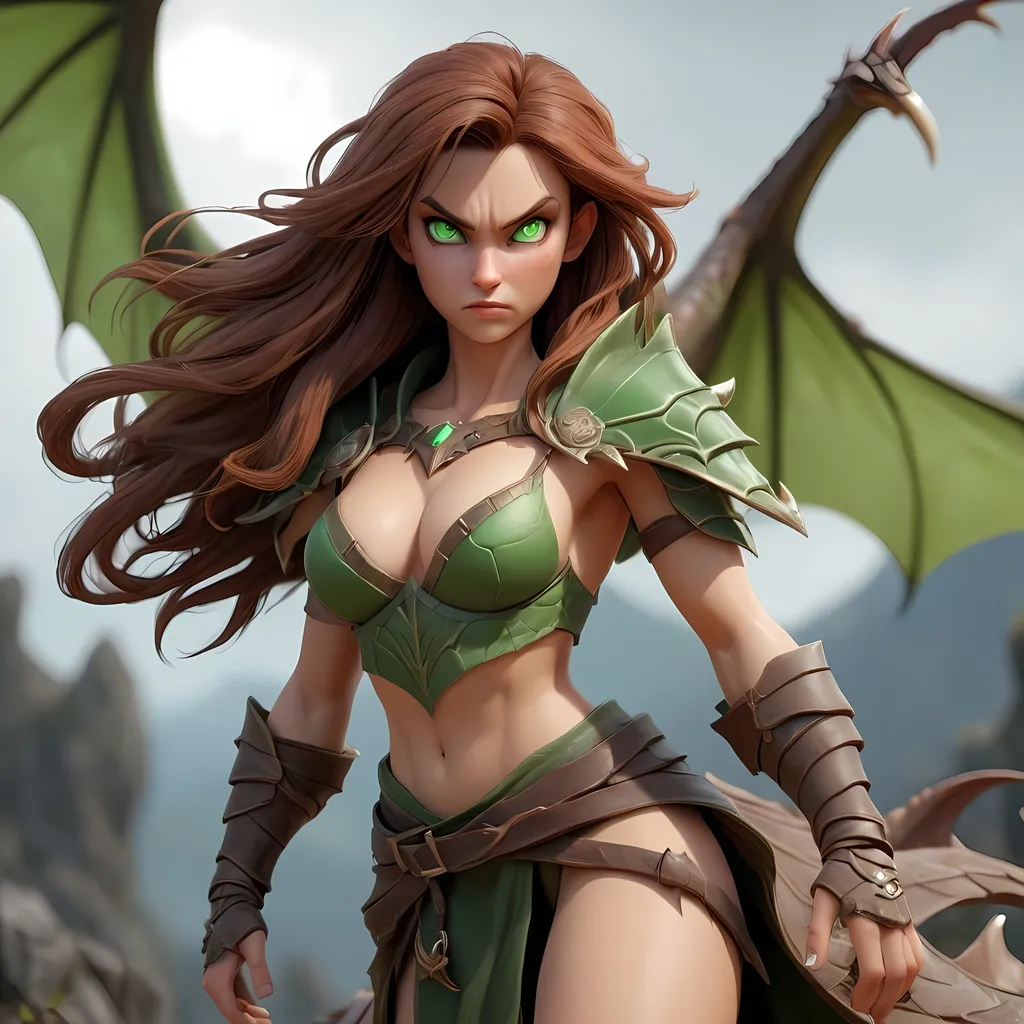 Prompt: Bare skin female, sorceress, dragon slayer, female, strong, pose, protagonist, floating, looking down, intense glare, 8k, unreal engine, no armor, green eyes, dragon wings, dragon horns, dragon teeth, brown long hair, half dragon woman, remove clothing, big chest