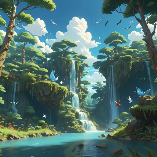 Prompt: Large biome, forest, magical lands, dense forest, many trees, waterfall, crystal clear lakes, vibrant trees, landscape, birds in the sky, blue sky, smooth clouds, 4k, unreal engine, studio Ghibli, splash screen, ornate detail, wallpaper