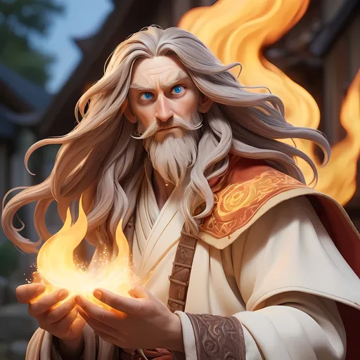 Prompt: White cloth, god rays, sun shining,Mage, wizard, elf male, fire mage, flames, long hair, long beard, ornate detail, light armor, ragged cloth, blue eyes, surrounding magic, DND, 8k, studio Ghibli, village background, full body shot, particle effects, bright eyes, friendly, white cloth, gold stitching, power, on a cliff, great detail