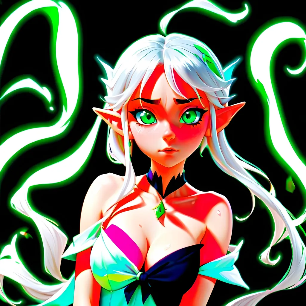 Prompt: No cloth, Bare body, full body shot, cover art, splash screen,Anime, elf, white hair, green eyes, 4k, gorgeous, female, spread, shy, cute, blush