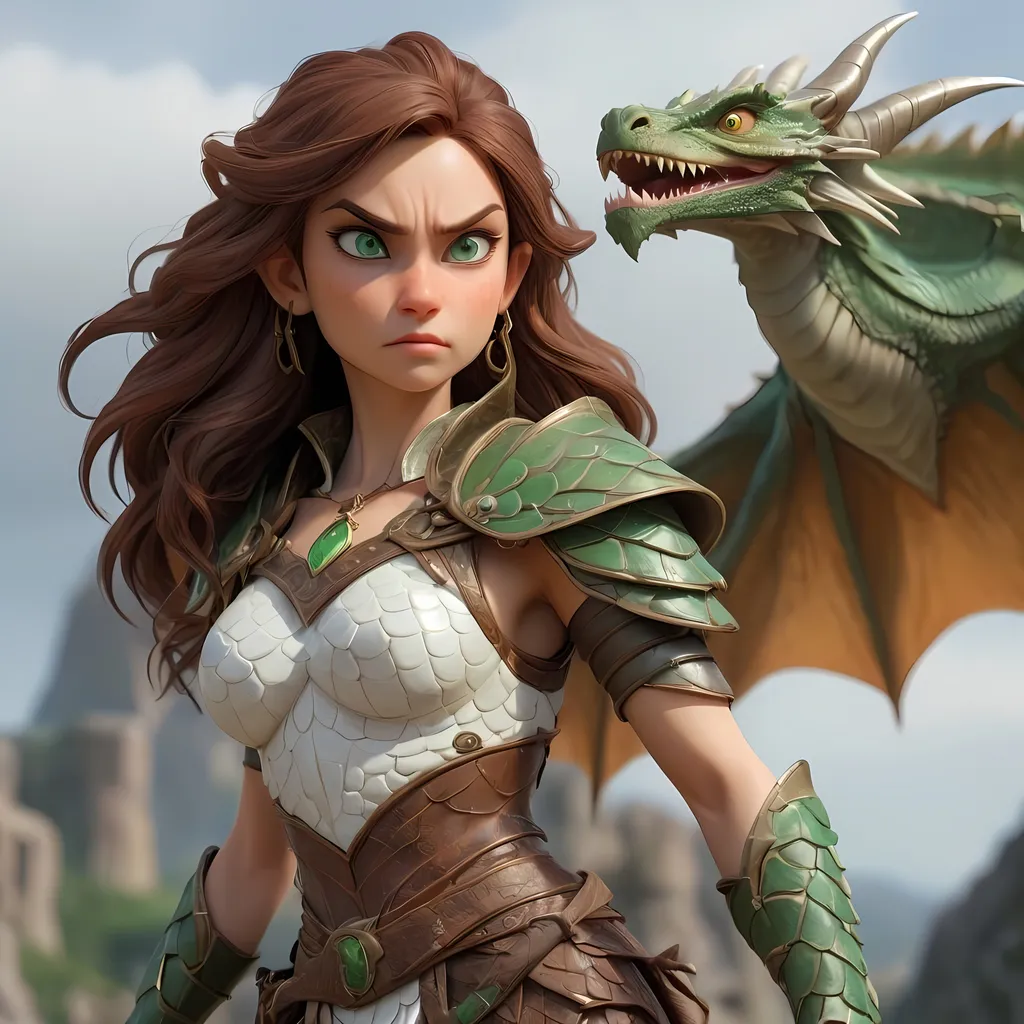 Prompt: Powerful female dragon, sorceress, dragon slayer, female dragon, strong, stern, lizard scales, pose, protagonist, floating, looking down, intense glare, 8k, unreal engine, ornate armor, white scales, green eyes, dragon wings, dragon horns, dragon teeth, scale armor, brown long hair, half dragon woman