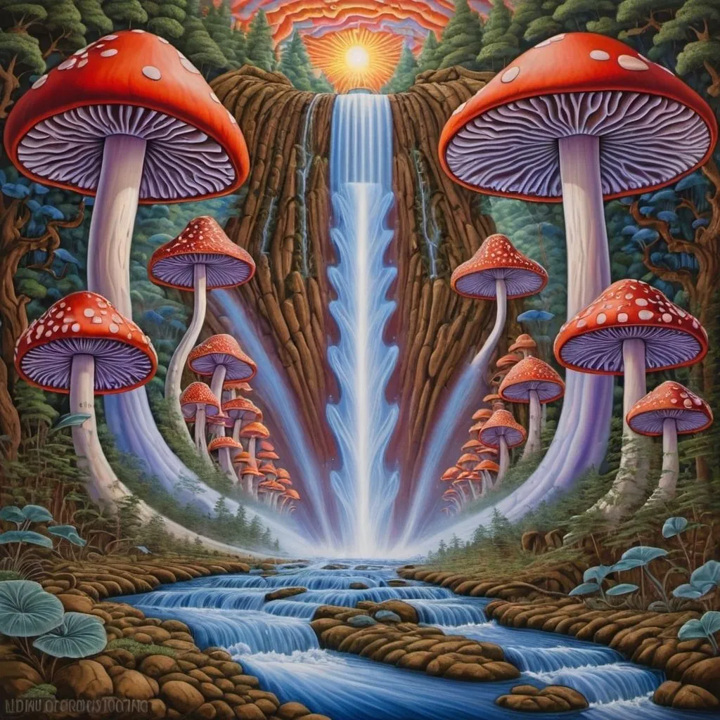 Prompt: alex grey mushroom waterfall painting  wavy LSD