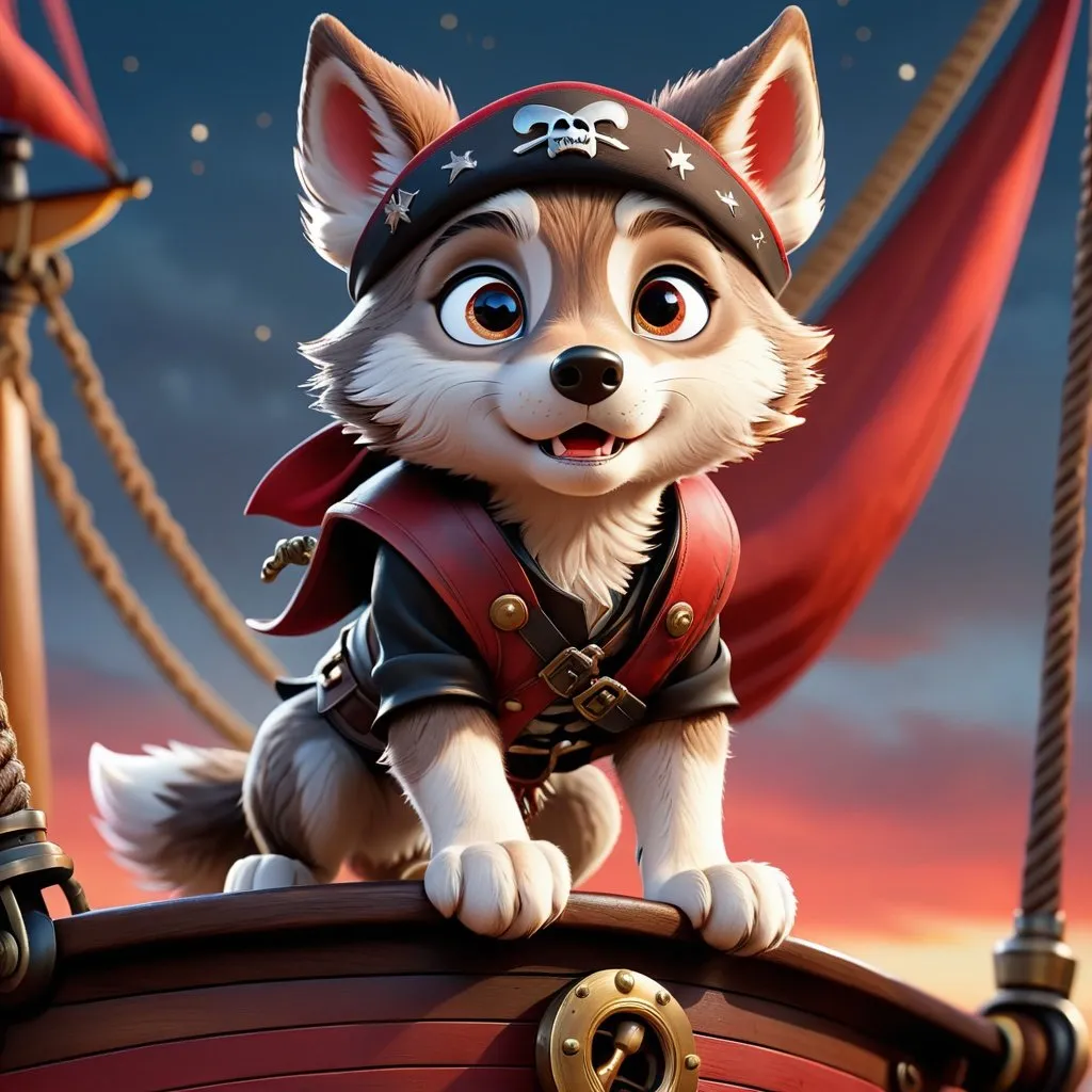 Prompt: Effen metal, an adorable wolf cub pirate standing on the bow of his ship, Perfect anatomy, masterpiece, careful details, intricate details, Big determined eyes, expressive look, in the style of Disney, warm environment, epic cinematic, that captures the essence of the aventure, shades of red gray and black, Starry sky, landscape seen from afar, Watercolor illustration, 8K Ultra HD,