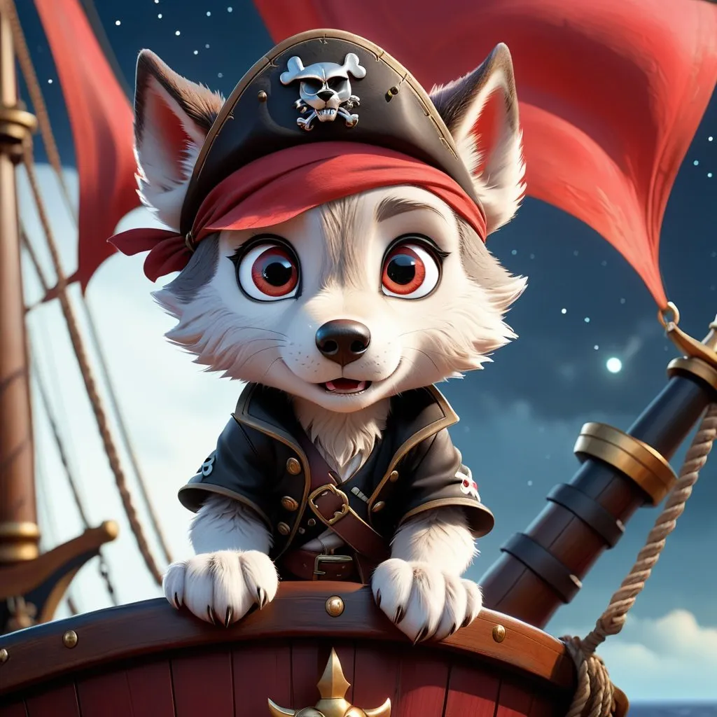 Prompt: Effen metal, an adorable wolf cub pirate standing on the bow of his ship, Perfect anatomy, masterpiece, careful details, intricate details, Big determined eyes, expressive look, in the style of Disney, warm environment, epic cinematic, that captures the essence of the aventure, shades of red gray and black, Starry sky, landscape seen from afar, Watercolor illustration, 8K Ultra HD,