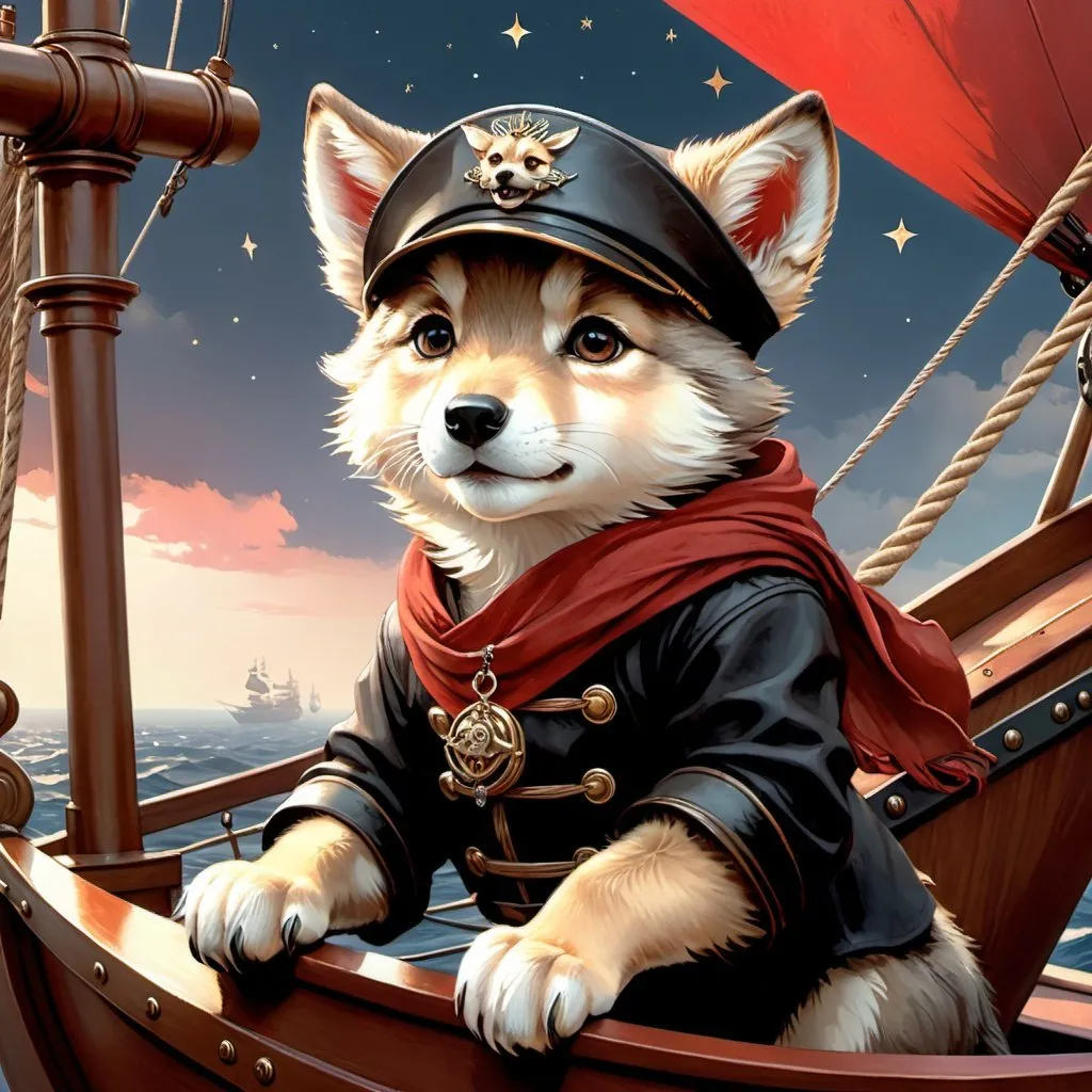 Prompt: Effen metal, an adorable wolf cub pirate standing on the bow of his ship, Perfect anatomy, masterpiece, careful details, intricate details, Big determined eyes, expressive look, in the style of Disney, warm environment, epic cinematic, that captures the essence of the aventure, shades of red gray and black, Starry sky, landscape seen from afar, Watercolor illustration, 8K Ultra HD,
