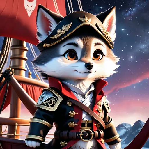 Prompt: Effen metal, an adorable wolf cub pirate standing on the bow of his ship, Perfect anatomy, masterpiece, careful details, intricate details, Big determined eyes, expressive look, in the style of Disney, warm environment, epic cinematic, that captures the essence of the aventure, shades of red gray and black, Starry sky, landscape seen from afar, Watercolor illustration, 8K Ultra HD,