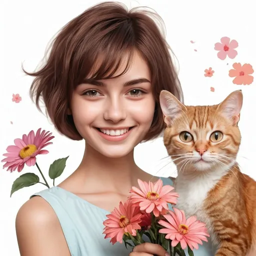 Prompt: a beautiful  girl with short hair stilled with beautiful flower with a dimple smile wairing a gaown with a brown cat