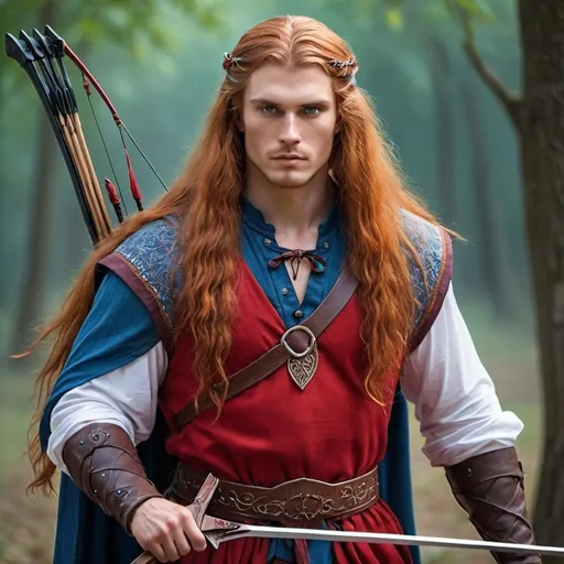 Prompt: elegant male efve 180cm 70kg, red long haired, with a beautiful bliue magic tunique a bow on his back, an one handed ax in his right hand , an one handed crossbow on his left hand 