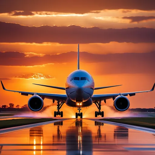 Prompt: A commercial airplane taking off from the runway during golden hour, captured with a wide camera aperture of f/2.8. The scene showcases the powerful jet engines roaring as the aircraft ascends, with the wheels just lifting off the tarmac. The background features a dramatic sunset sky, filled with vibrant oranges and purples, casting warm reflections on the plane's sleek metallic surface. The wide aperture creates a shallow depth of field, blurring the foreground slightly while keeping the airplane in sharp focus, conveying a sense of motion and energy as it departs.