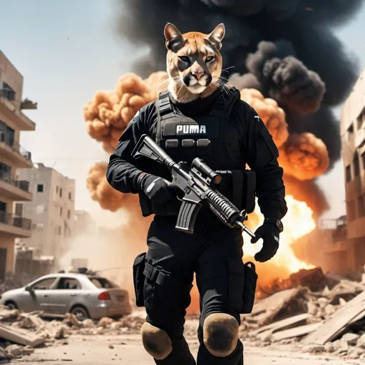 Prompt: A puma on a black tatcital suit with a gun and tnt in gaza
There is a huge explose behide him