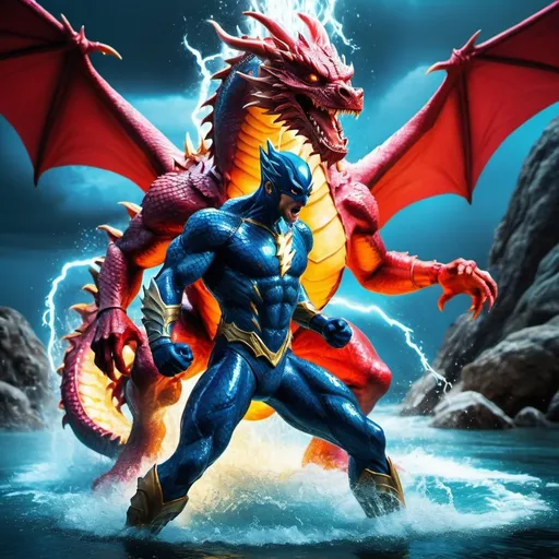 Prompt: Superhero battling dragon in a water-splitting scene, high quality, detailed superhero and dragon, comic book style, dramatic lighting, vibrant colors, intense action, lightning bolt, water splitting effect, superhero costume, dragon scales, dynamic composition, vibrant colors, epic battle, powerful energy, dynamic poses, water splashing, intense facial expressions, high detailed, vibrant comic book style, dramatic lighting