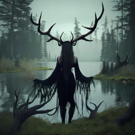 Prompt: Witch. Has antlers. Floating over lake in the distance. Wearing flower crown. Dead trees with moss. Realistic