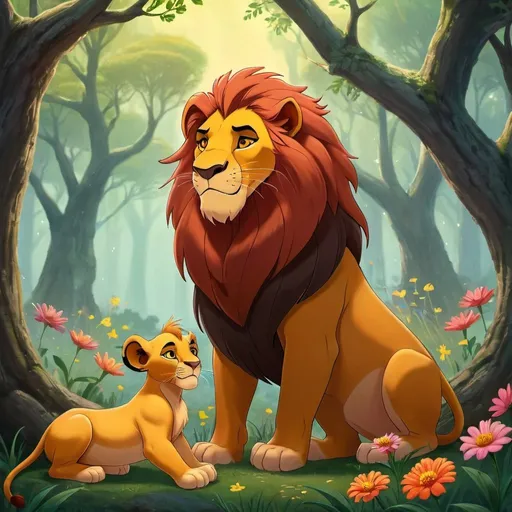 Prompt: a lion king guarding a little prince at a flowery forest