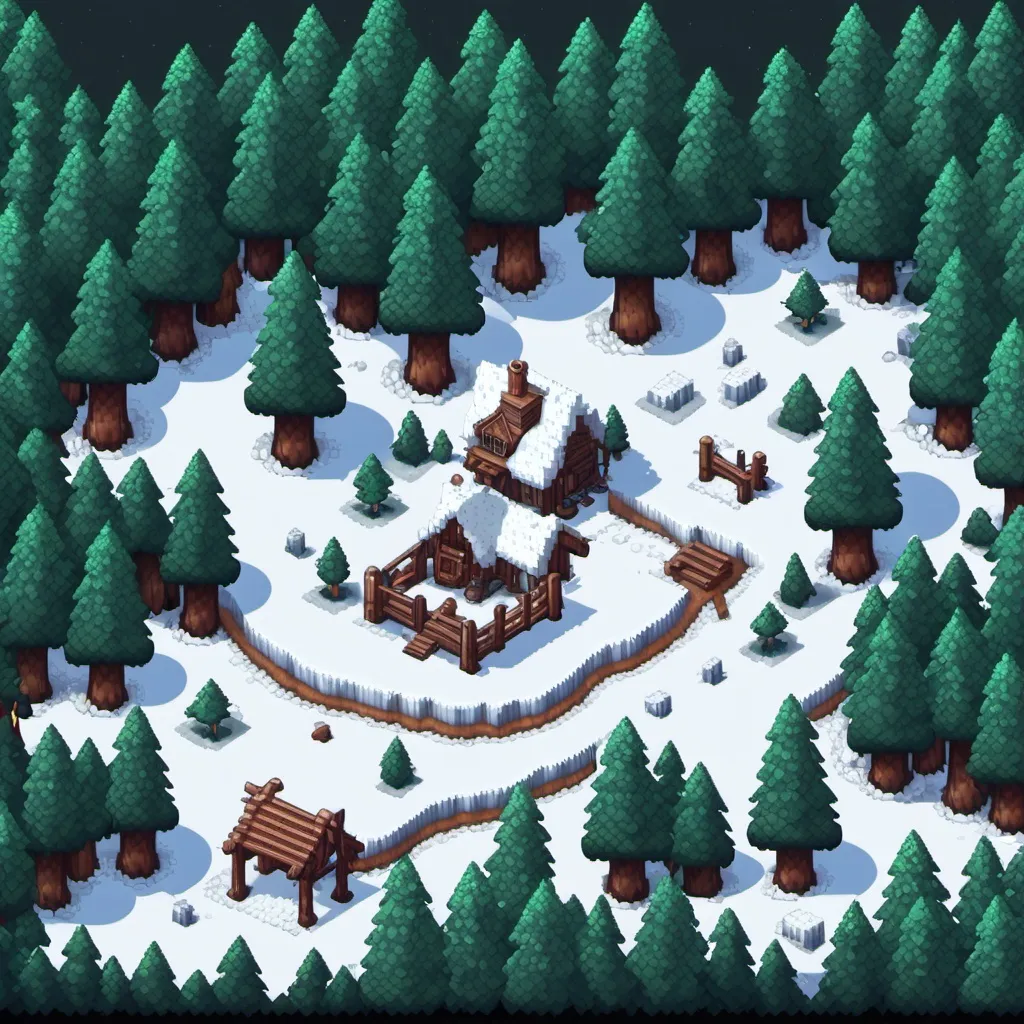 Prompt: Top down, snowy forest, map, 2d, pixel art