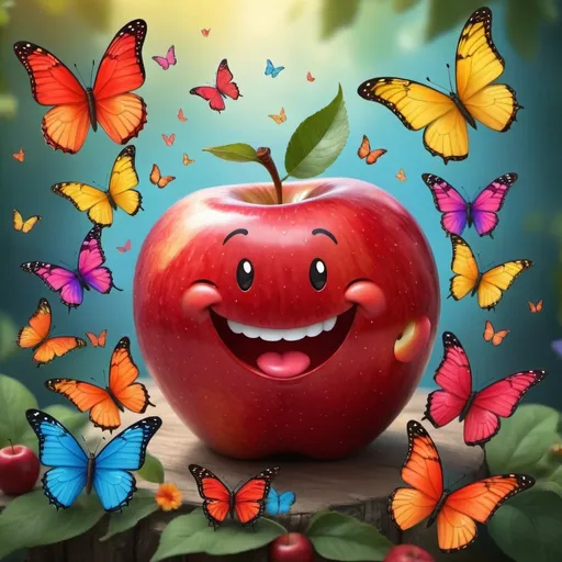 Prompt: Imagine a shiny red apple with a cute smiley face, surrounded by colorful butterflies fluttering around it.