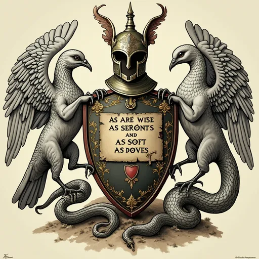 Prompt: A Dove to the right and a snake to the left holding coat of arms  with the word in Latin as wise as serpents and as soft as doves a medevil helmet on top of the shield keeper of the keys house of fox 