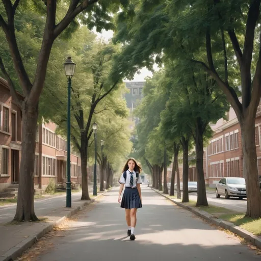 Prompt: a woman wearing a high school uniform is walking on a beautiful street and around her there are trees and old houses with no cars