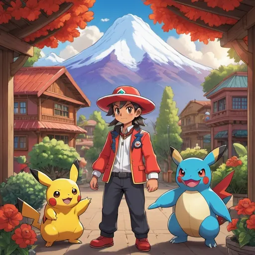 Prompt: Chilean-themed Pokemon illustration, vibrant colors, traditional Chilean attire, iconic Pokemon characters in traditional Chilean setting, high-quality, detailed rendering, anime, bright colors, traditional Chilean, Pokemon characters, cultural fusion, vibrant environment, professional, detailed illustration, warm lighting