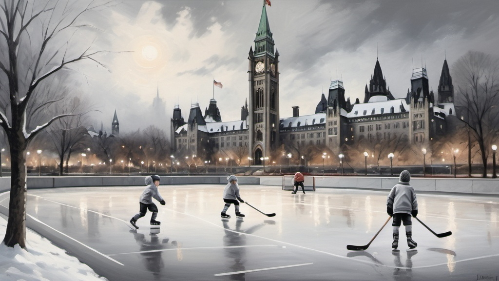 Prompt: two children wearing toques playing hockey on an outdoor rink during the winter with ottawa parliament smaller in the distance in the background. look like a painting. light  greyscale.