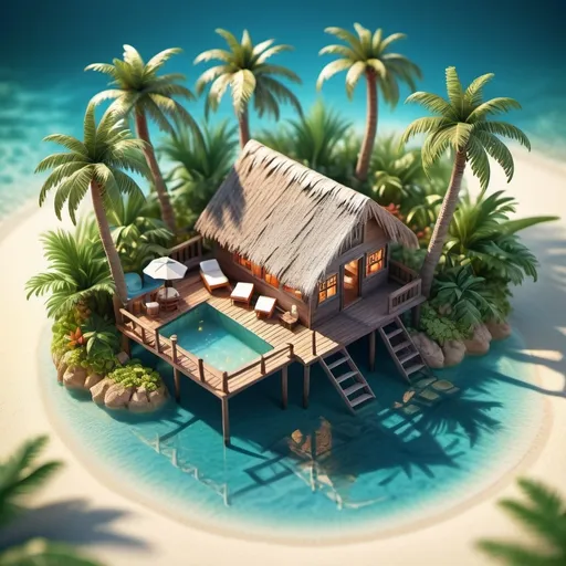 Prompt: miniature isometric world render, a hut surrounded by clear water, bahamas, on a table