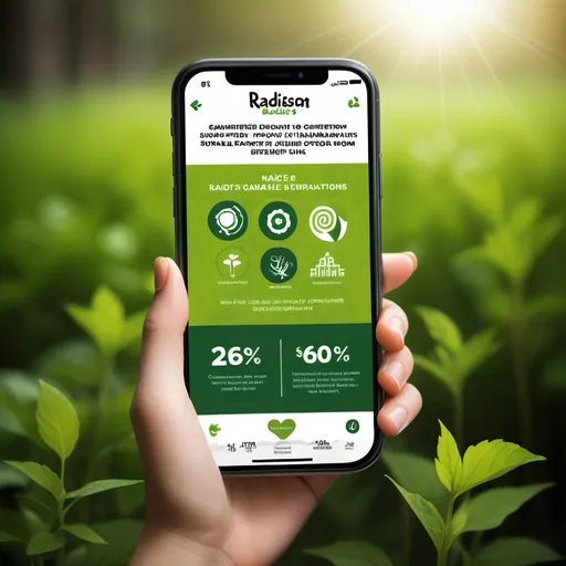 Prompt: Radisson's Green Generation is a gamified program designed to incentivize sustainable actions through the Radisson mobile app. Participants earn points by completing environmentally-friendly activities, making sustainability practices fun and rewarding.
backgroungd white, app green