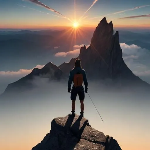 Prompt: "Create an inspirational image depicting a lone figure standing atop a mountain peak, with the sun rising in the background, symbolizing perseverance, triumph, and the endless possibilities of the new day ahead."