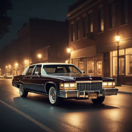 Prompt: Cadillac 1979 at night, retro style, vintage car, classic vehicle, illuminated road, old-fashioned streetlights, nostalgic atmosphere, high quality, detailed, vintage, atmospheric lighting