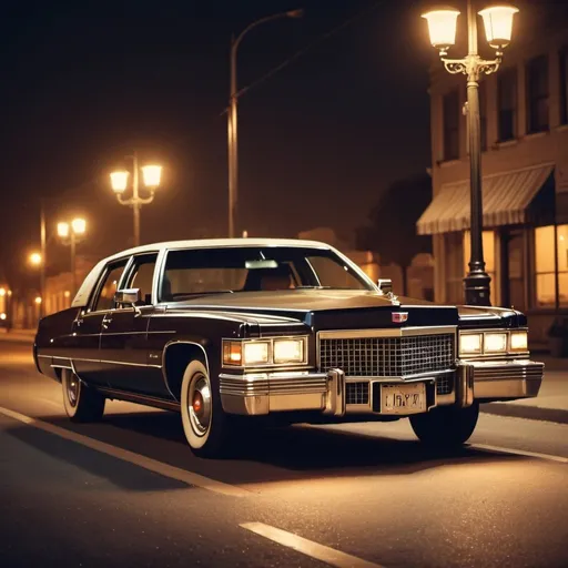 Prompt: Cadillac 1979 at night, retro style, vintage car, classic vehicle, illuminated road, old-fashioned streetlights, nostalgic atmosphere, high quality, detailed, vintage, atmospheric lighting