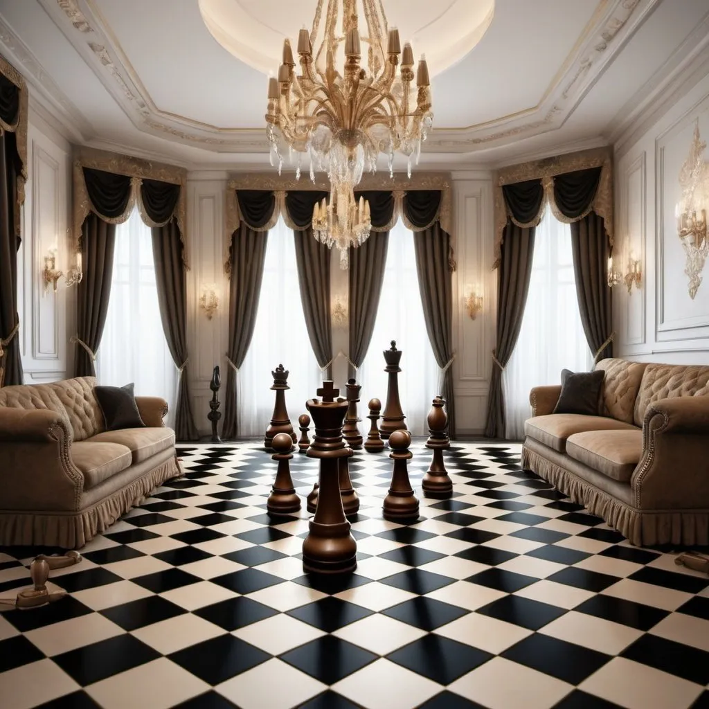 Prompt: Real estate ad with chess motif, realistic digital art, luxurious mansion with elegant architectural details, chessboard pattern flooring, grand chandeliers, opulent furniture, high-end decor, intricate chess pieces, high quality, realistic, luxurious, elegant, chess motif, opulent, detailed architecture, ornate design, professional lighting