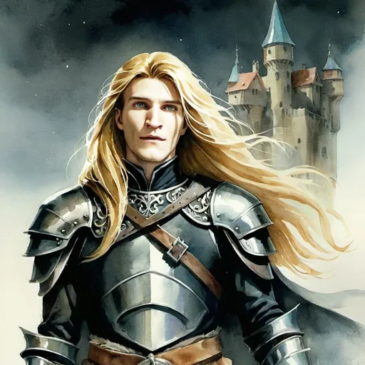 Prompt: The watercolor portrait depicts a long light blonde hair prince with a blindfoldon his left eye wearing a black and silver armor involved in a fur cape. The wind move the long hair of the prince.The composition Soft, diffused lighting bathes the scene, creating a dreamlike atmosphere that highlights the delicate details of her ornate jewelry. The background is a fantasy village suggesting a magical realm. The soft, ethereal quality of the watercolor medium brings a sense of lightness and grace to the scene, as if the woman is a figure from a dream. Aquirax Uno, altermodern, epic fantasy, watercolor artwork, watercolor painting