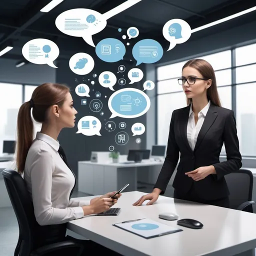 Prompt: female office lady talking to a customer in a business office, futuristic scene, supported by an intelligent assistant, thought bubbles with business related icons