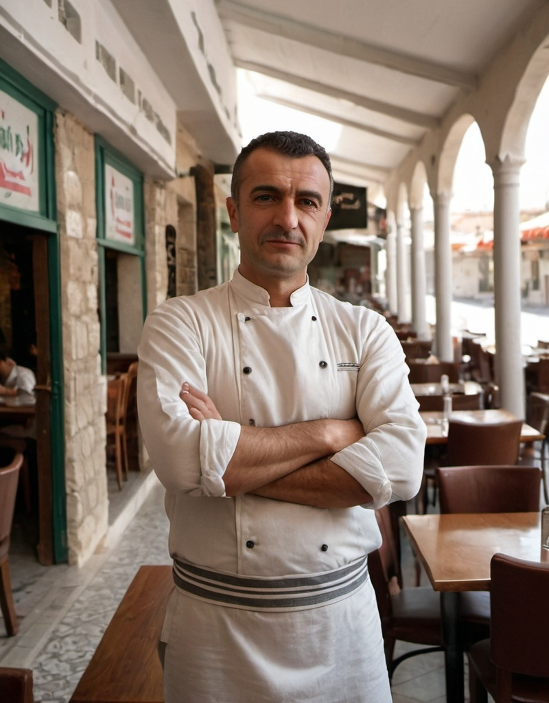 Prompt: a man standing in a restaurant with his arms crossed and his arms crossed behind him, with a restaurant in the background, Fikret Muallâ Saygı, dau-al-set, david lazar, a character portrait