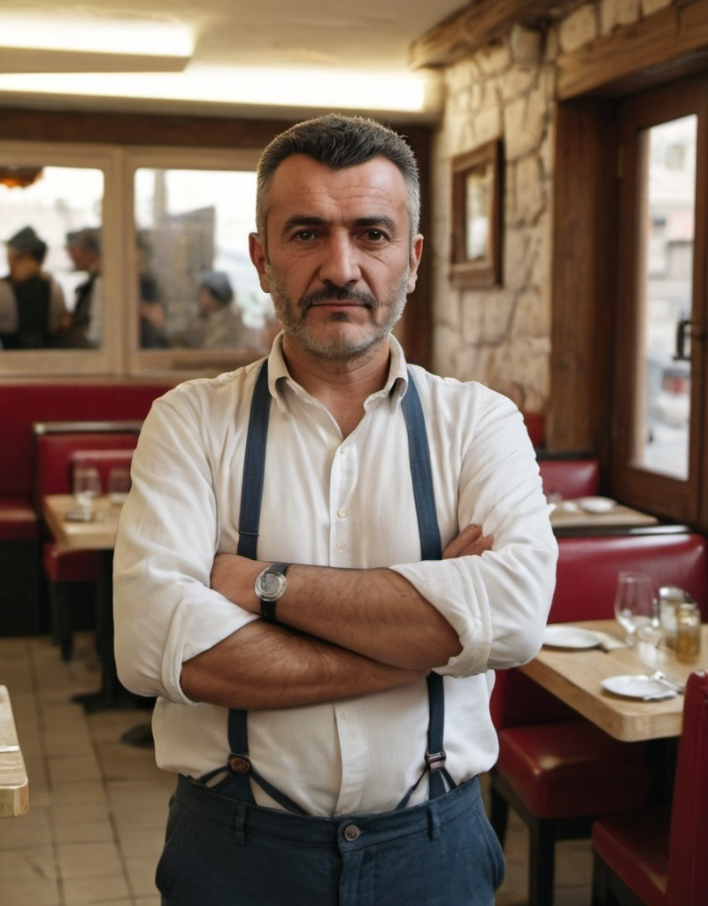 Prompt: a man standing in a restaurant with his arms crossed and his arms crossed behind him, with a restaurant in the background, Fikret Muallâ Saygı, dau-al-set, david lazar, a character portrait