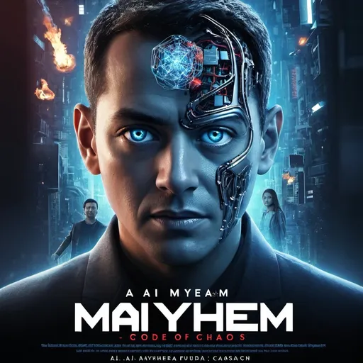 Prompt: Generate a poster for a action,thriller,comedy,sci-fiction movie titled "AI Mayhem: Code of Chaos" which is about the future of ai
