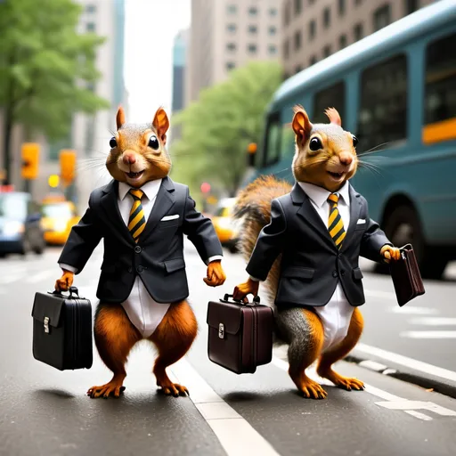 Prompt: two squirrel in business suits chasing a cab with brief cases