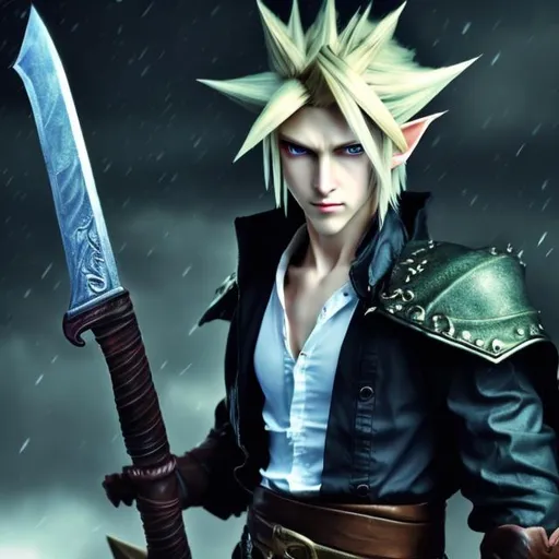 Prompt: masterpiece, smirk, handsome cloud strife with black eye glases and attractive, pointed long elf ears, god of halloween BAGROUND- RAINY MOTION BLUR
