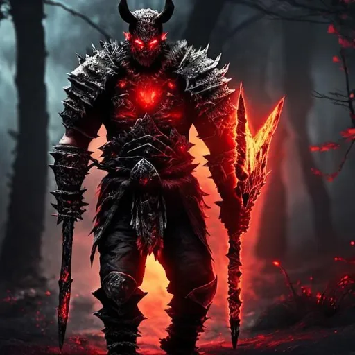 Prompt: Berserker, Rage, Black Armor, glowing red eyes, walking towards viewer, fire background, dark crimson forest