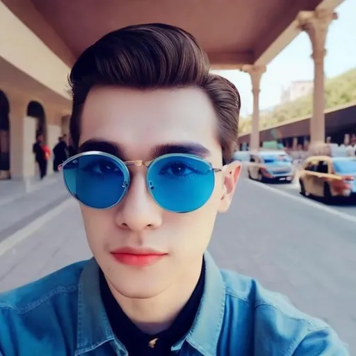 Prompt: masterpiece, fair colour , handsome sunny day with blue eye glases and attractive long  hairs till his eyes, wearing good clothes and having a iphone in his hand.