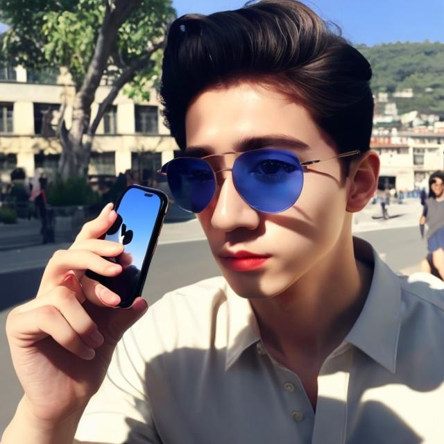 Prompt: masterpiece, fair colour , handsome sunny day with blue eye glases and attractive long  hairs till his eyes, wearing good clothes and having a iphone in his hand.